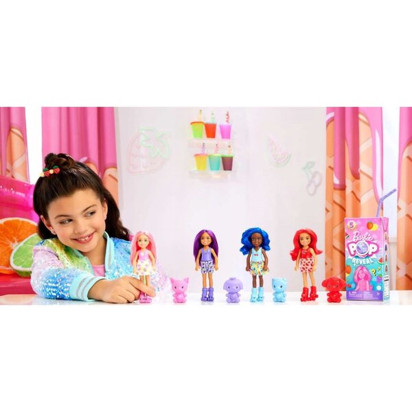 Barbie Pop Reveal Chelsea Doll Fruity Juice-Serie mit 5 duftenden Überraschungen