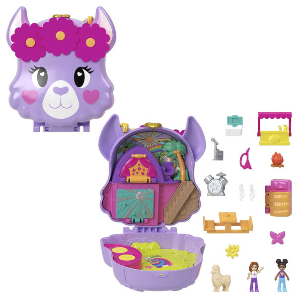 Polly Pocket Camp Adventure Llama Compact – Ensemble de camping avec mini poupées