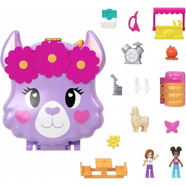 Polly Pocket Camp Adventure Llama Compact – Ensemble de camping avec mini poupées