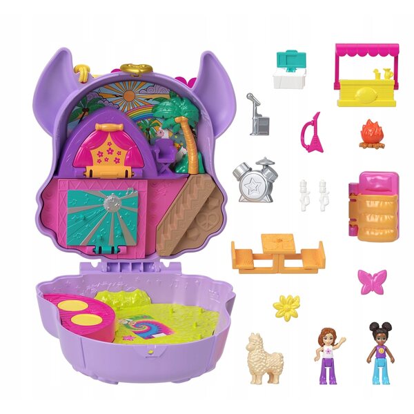 Polly Pocket Camp Adventure Llama Compact – Ensemble de camping avec mini poupées
