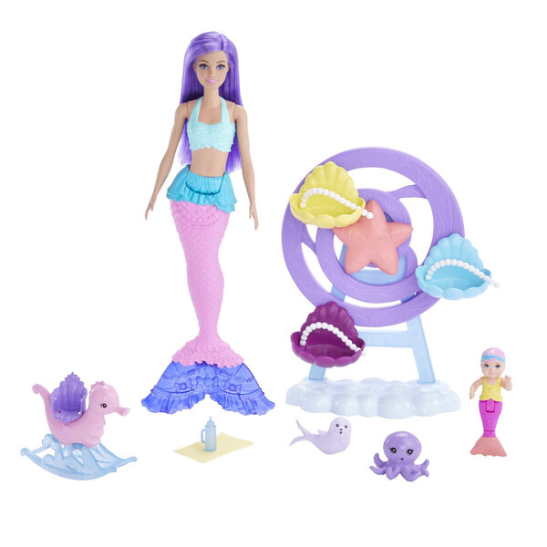 Barbie Dreamtopia Meerjungfrau-Puppenset mit Pflege- und Babyzubehör, 3+