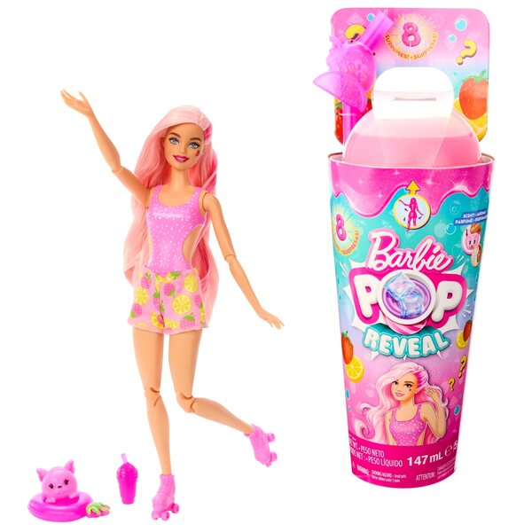 Barbie Pop Reveal Fruit Truskawka-Serie – 29 cm große Puppe mit 8 sensorischen Überraschungen