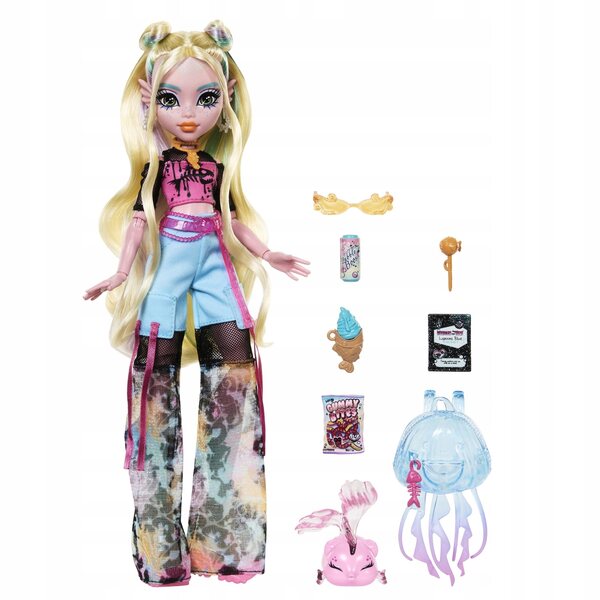 Monster High Lagoona Blue 29 cm con accessori e pirania Neptuna, bambola moda Y2K