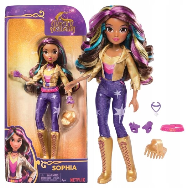 Bambola Sophia Unicorn Academy 24 cm con accessori e 9 punti di movimento