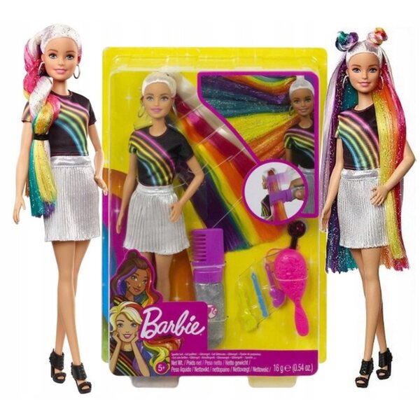 Barbie mit Regenbogenhaaren und Glitzer, Mattel-Spielzeug für Kinder ab 3 Jahren