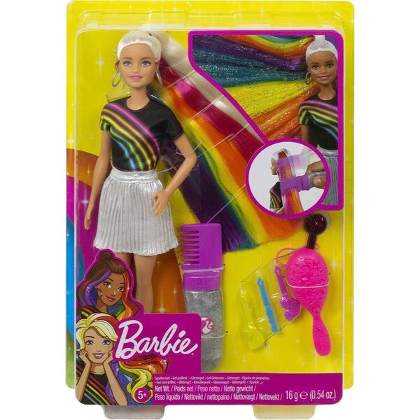 Barbie mit Regenbogenhaaren und Glitzer, Mattel-Spielzeug für Kinder ab 3 Jahren