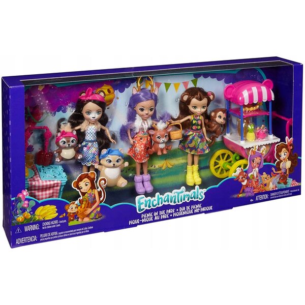 Enchantimals Set mit 3 Puppen mit Tieren und Zubehör für ein Picknick im Park