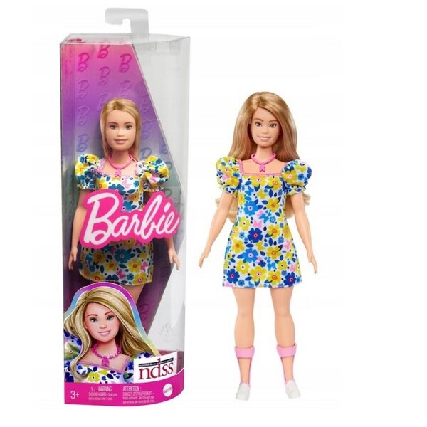 Barbie mit Down-Syndrom im blauen und gelben Blumenkleid für Kinder ab 3 Jahren