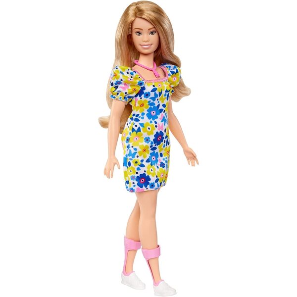 Barbie mit Down-Syndrom im blauen und gelben Blumenkleid für Kinder ab 3 Jahren