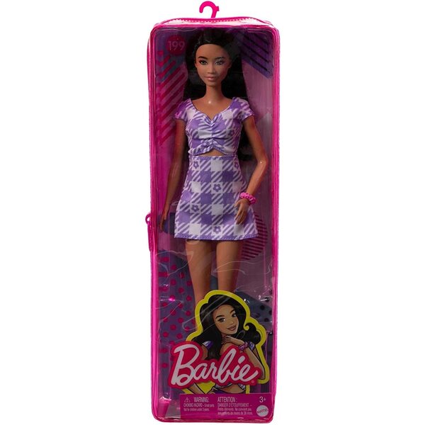 Barbie Fashionistas mit lila kariertem Kleid und eleganten Sandalen