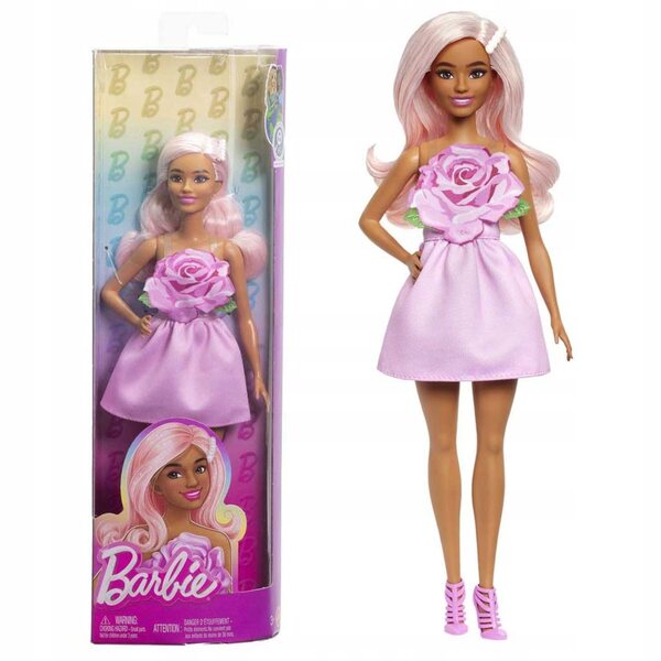 Barbie Fashionistas im eleganten rosa Kleid mit dekorativer Rose für Mädchen ab 3 Jahren