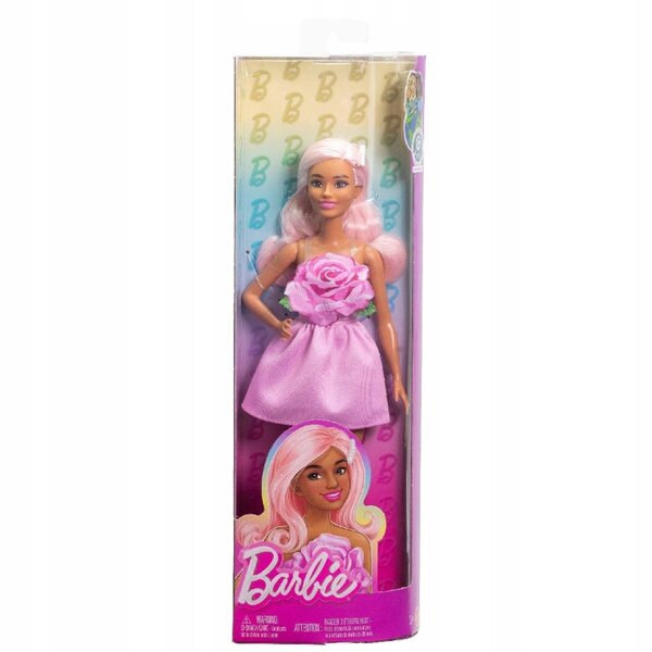 Barbie Fashionistas im eleganten rosa Kleid mit dekorativer Rose für Mädchen ab 3 Jahren