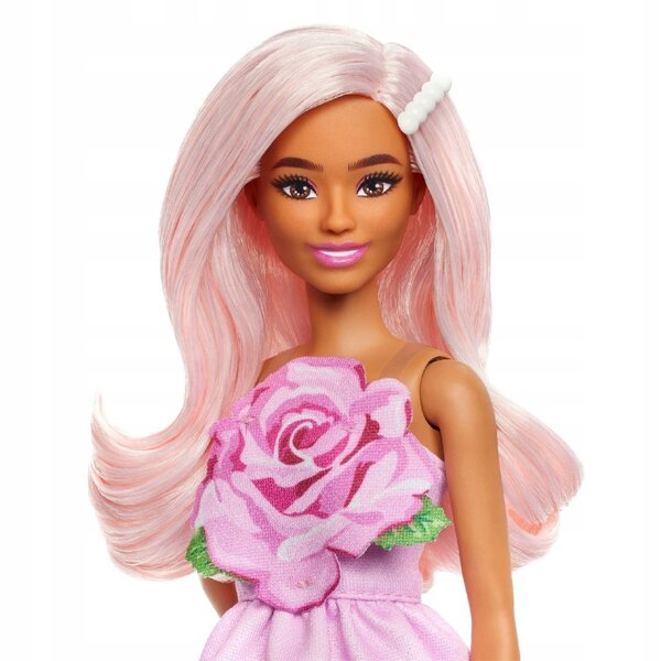 Barbie Fashionistas im eleganten rosa Kleid mit dekorativer Rose für Mädchen ab 3 Jahren