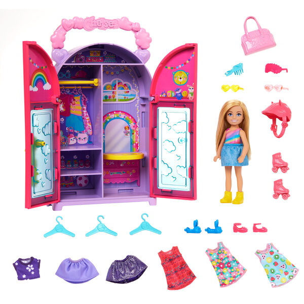 Barbie Chelsea-Garderobe mit Puppe, Kleidung und Accessoires – komplettes Modeset für Kinder