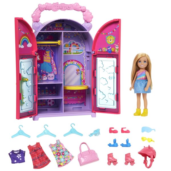 Barbie Chelsea-Garderobe mit Puppe, Kleidung und Accessoires – komplettes Modeset für Kinder