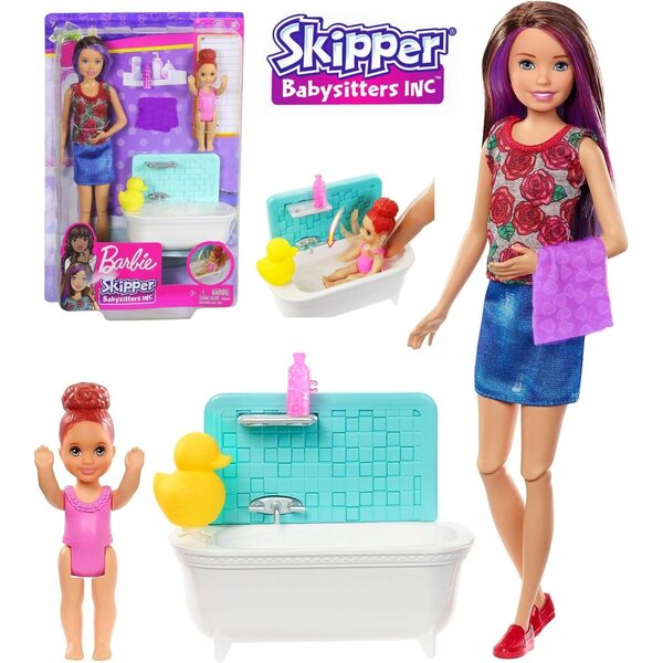 Barbie Skipper Klub Opiekunek mit Badewanne und Zubehör für Kinder ab 3 Jahren