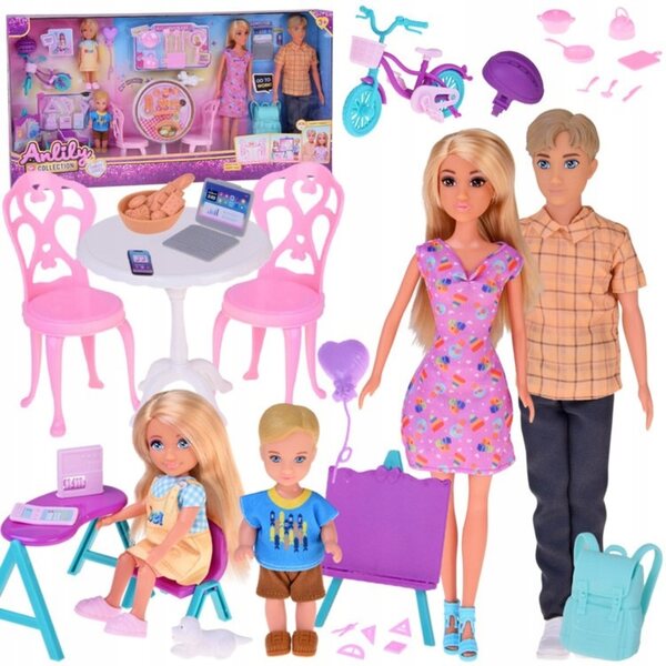 Großes Puppenfamilien-Set mit Küche, Schule und Zubehör für Kinder