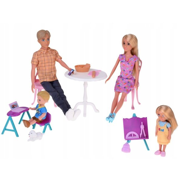 Großes Puppenfamilien-Set mit Küche, Schule und Zubehör für Kinder