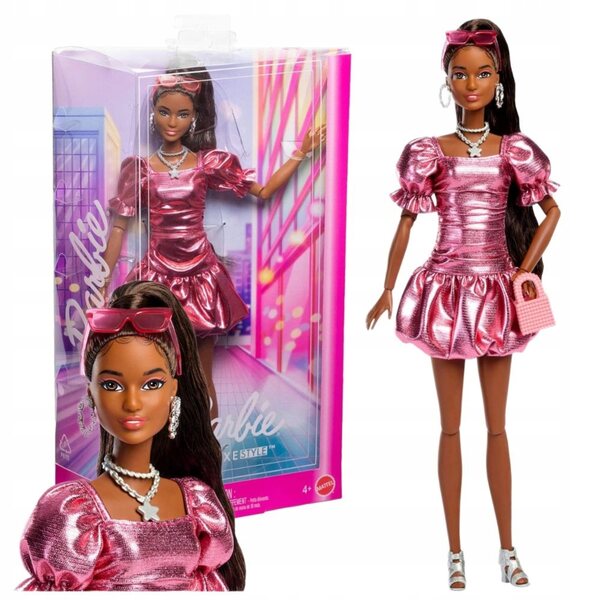 Barbie im Deluxe-Stil mit metallischem Korallenkleid und eleganten Accessoires