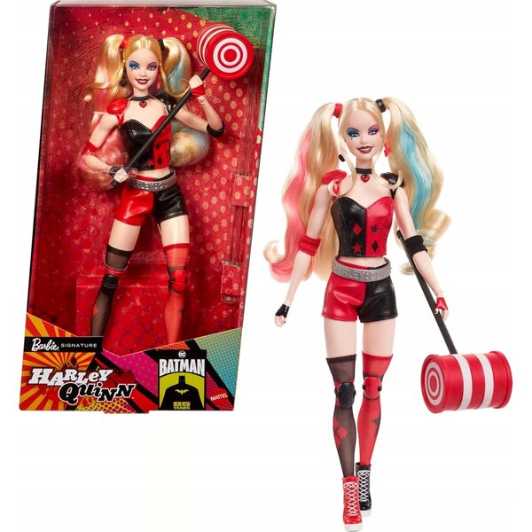 Barbie Signature Harley Quinn-Sammelpuppe mit rot-schwarzem Outfit und Hammer