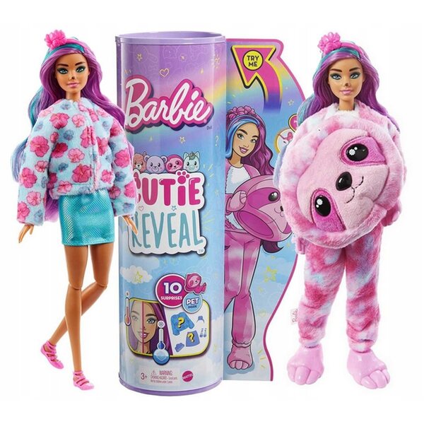 Barbie Cutie Reveal Lali Faultier, verwandelbar, mit 10 Überraschungen und weichem Kostüm