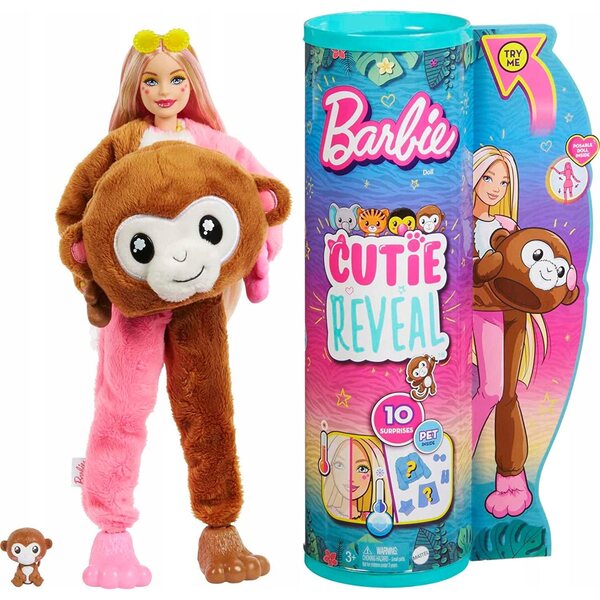 Barbie Cutie Reveal Jungle Monkey – Verwandelbare Puppe mit 10 Überraschungen