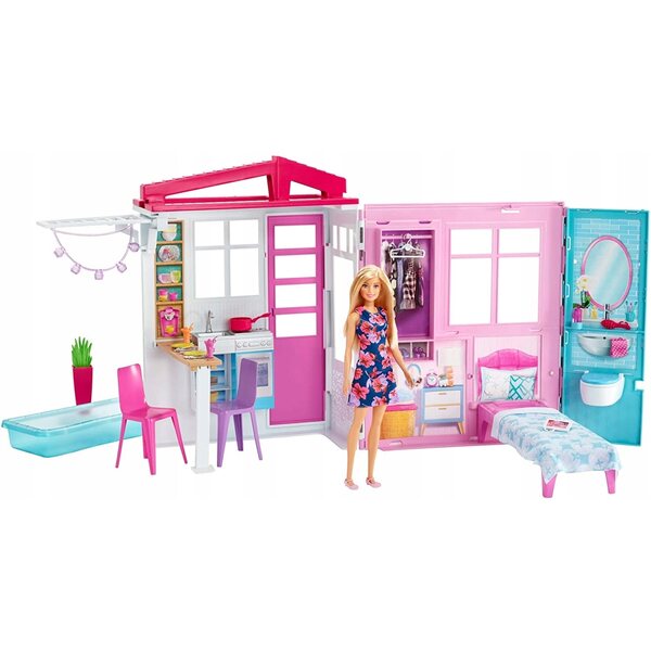 Barbie-Puppenhaus mit Puppe, Schwimmbad, Schlafzimmer und Küche – tragbares Set