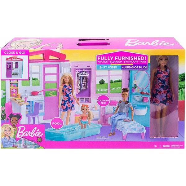Barbie-Puppenhaus mit Puppe, Schwimmbad, Schlafzimmer und Küche – tragbares Set