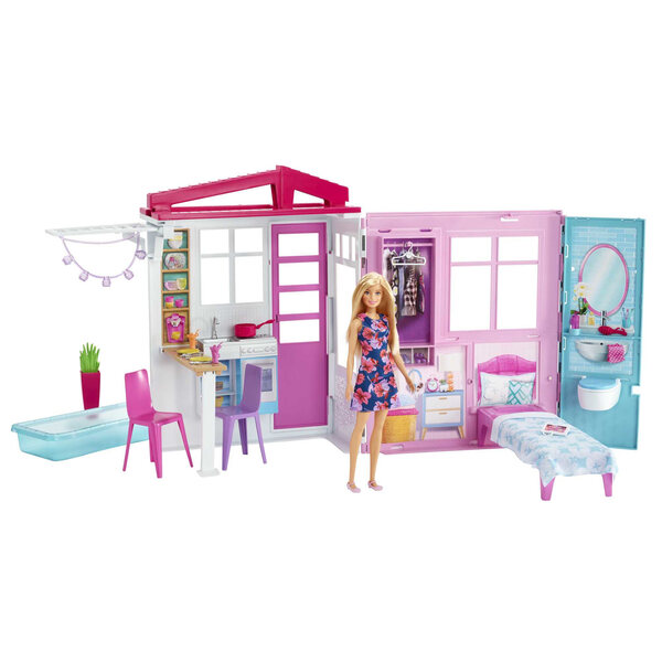 Barbie-Puppenhaus mit Puppe, Schwimmbad, Schlafzimmer und Küche – tragbares Set