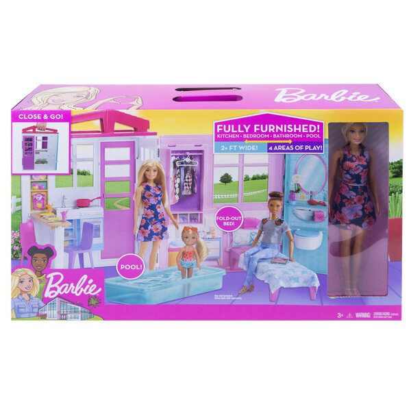 Barbie-Puppenhaus mit Puppe, Schwimmbad, Schlafzimmer und Küche – tragbares Set