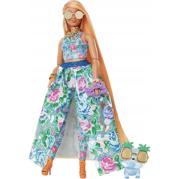 Barbie Extra Fancy Mattel mit blauem Blumenkleid und glamourösen Accessoires