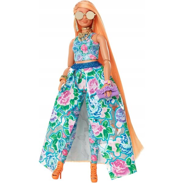 Barbie Extra Fancy Mattel mit blauem Blumenkleid und glamourösen Accessoires