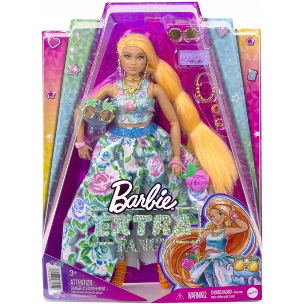 Barbie Extra Fancy Mattel mit blauem Blumenkleid und glamourösen Accessoires