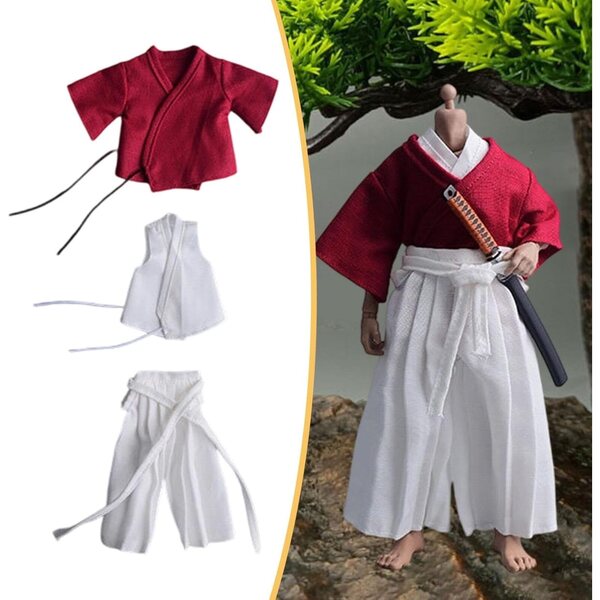 1/12 Samurai-Uniform für männliche Puppen, traditionelles rot-weißes Stoffkostüm
