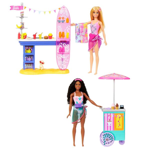 Barbie Malibu und Brooklyn Set 2 Puppen mit Strandzubehör und Geräuschen, ab 3 Jahren