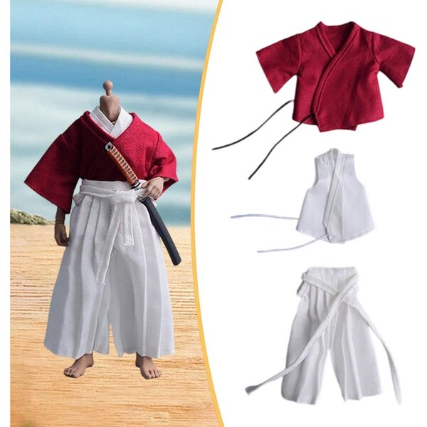 1/12 Samurai-Uniform für 6-Zoll-Actionfiguren – Herrenkostüm aus rot-weißem Stoff