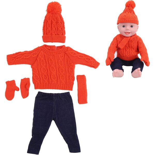 Baby Doll 18 Pollici Vestito Maglione Arancione Set Cappello Sciarpa Pantaloni