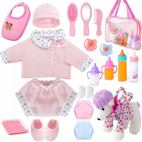 Set Accessori per Bambola 33 cm con Abbigliamento, Biberon e Borsa a Forma di Cane