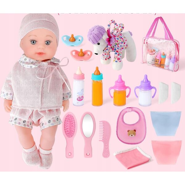 Set Accessori per Bambola 33 cm con Abbigliamento, Biberon e Borsa a Forma di Cane