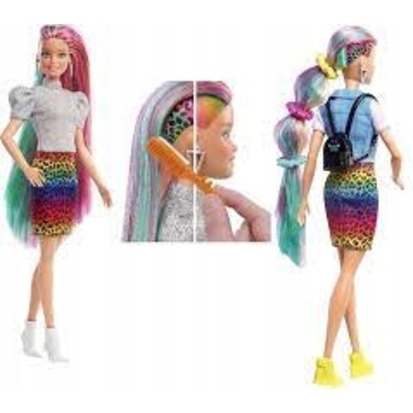 Barbie mit Regenbogenhaaren und farbwechselndem Panther-Motiv