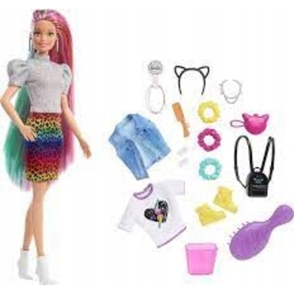 Barbie mit Regenbogenhaaren und farbwechselndem Panther-Motiv