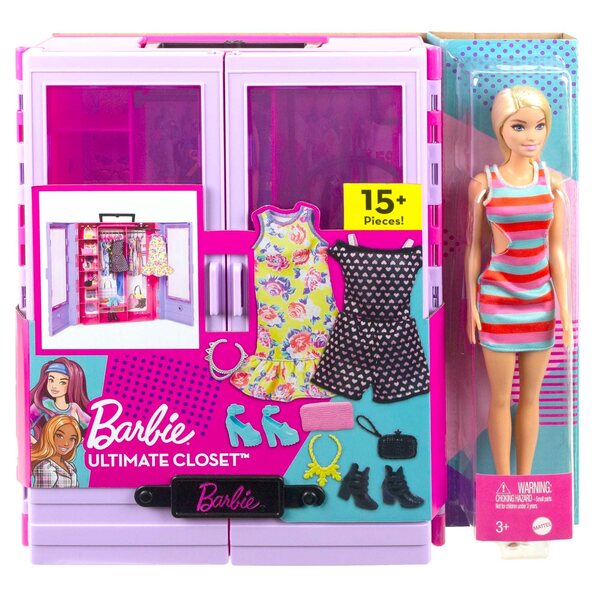 Barbie-Set mit Kleiderschrank, Puppe und Mattel-Zubehör – kreative Kleidung und Spiele