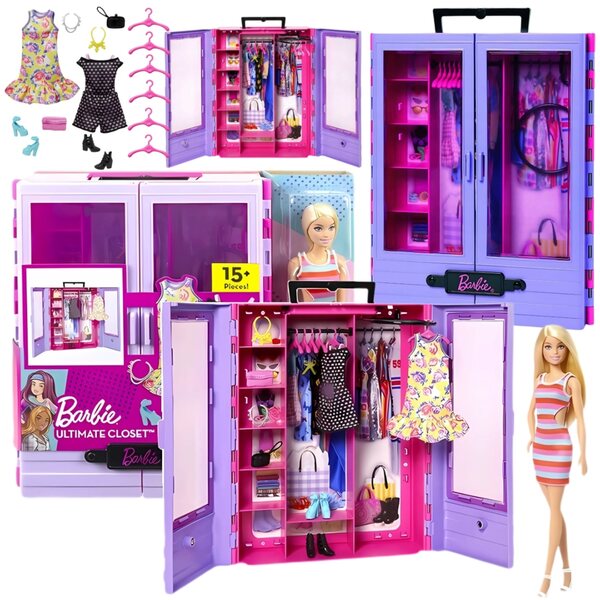Barbie-Set mit Kleiderschrank, Puppe und Mattel-Zubehör – kreative Kleidung und Spiele