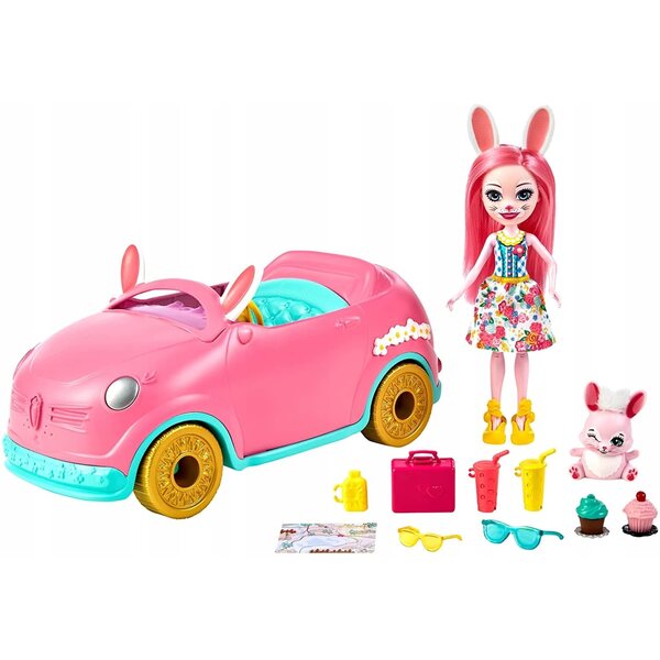 Enchantimals Kaninchenauto mit Bree Bunny-Puppe und Twist-Kaninchen, 10 Stück