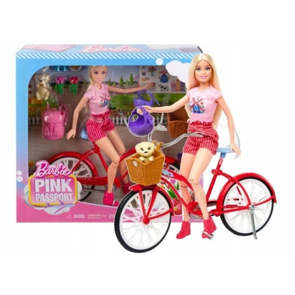 Barbie Pink Passport mit Fahrrad und Zubehör – 34 cm große Modepuppe für Kinder ab 3 Jahren
