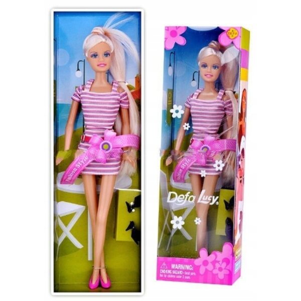 Bambola Defa Lucy 33 cm con vestito a righe bianche e rosa, giocattolo educativo