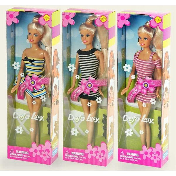 Bambola Defa Lucy 33 cm con vestito a righe bianche e rosa, giocattolo educativo