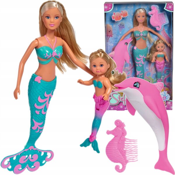Lalke Steffi und Evi Meerjungfrauen mit Delfin und Kamm – Unterwasserspiel für Kinder