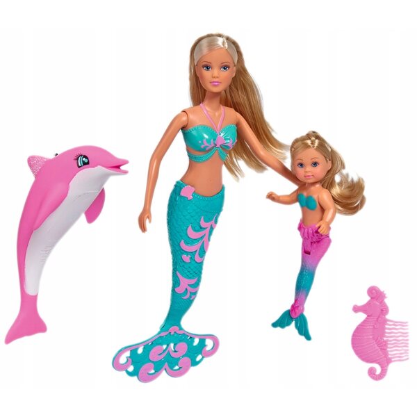 Lalke Steffi und Evi Meerjungfrauen mit Delfin und Kamm – Unterwasserspiel für Kinder