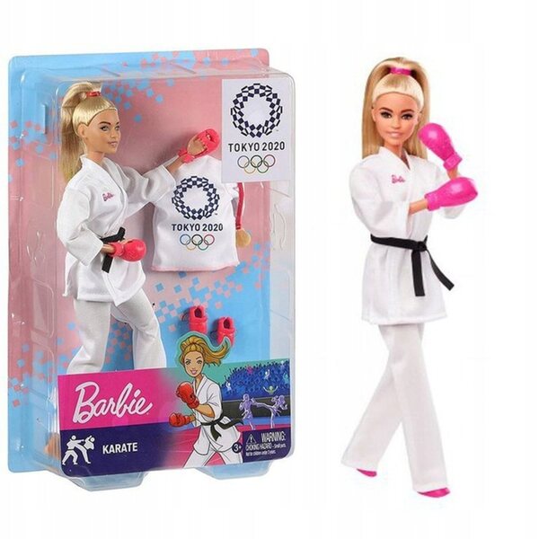 Barbie-Karate-Olympia-Puppe mit weißem Kimono und Sportzubehör